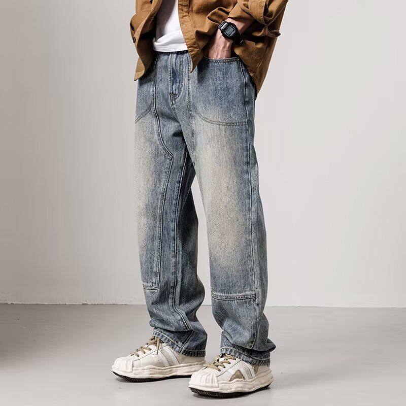 牛仔裤男秋冬季宽松直筒长裤潮牌oversize百搭水洗复古做旧阔腿裤