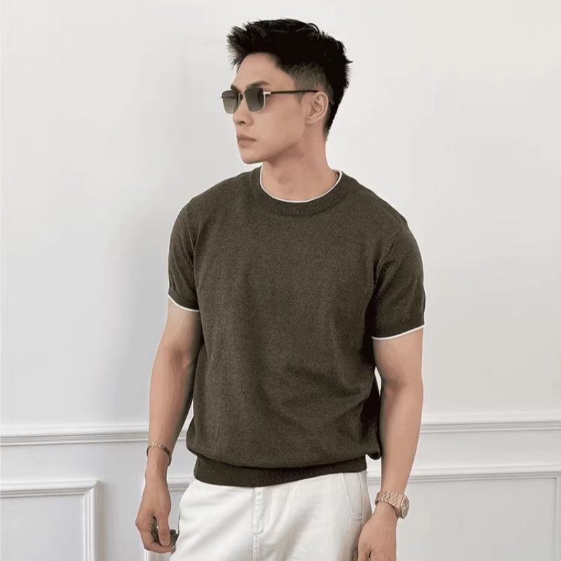 22026老钱风圆领灰色棉麻针织衫上衣男夏季薄款撞色设计感收腰短