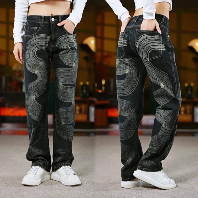 个性印花黑色牛仔裤男花纹百搭老鹰潮牌弹力修身小脚裤子韩版潮流