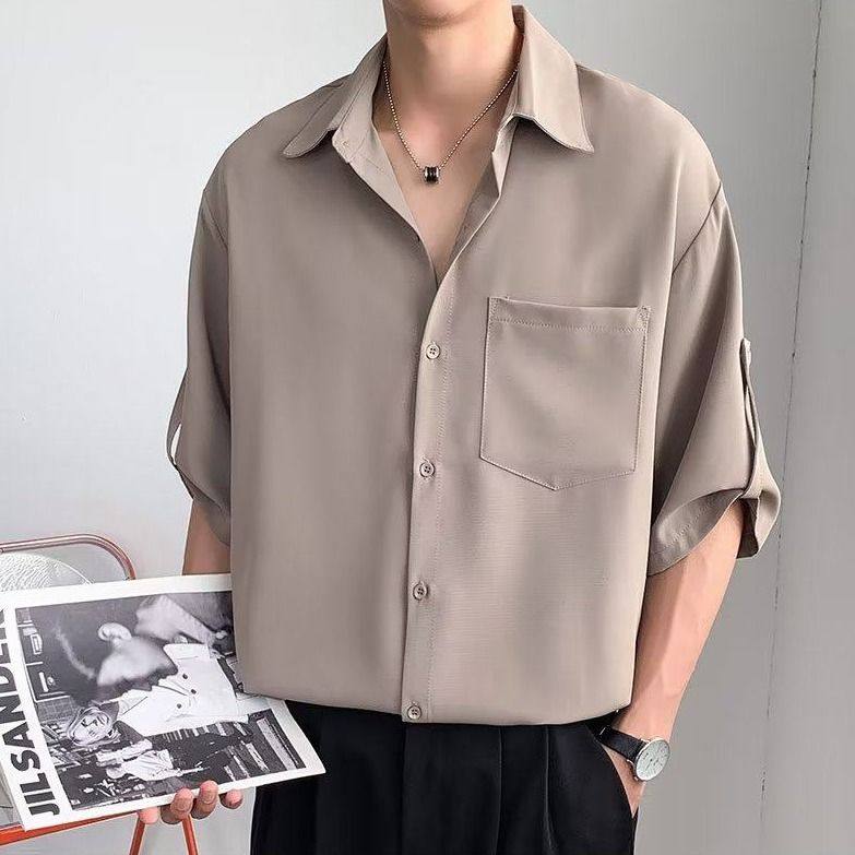 衬衫男短袖韩版潮流男装七分袖衬衣轻熟风痞帅夏季冰丝高级感上衣