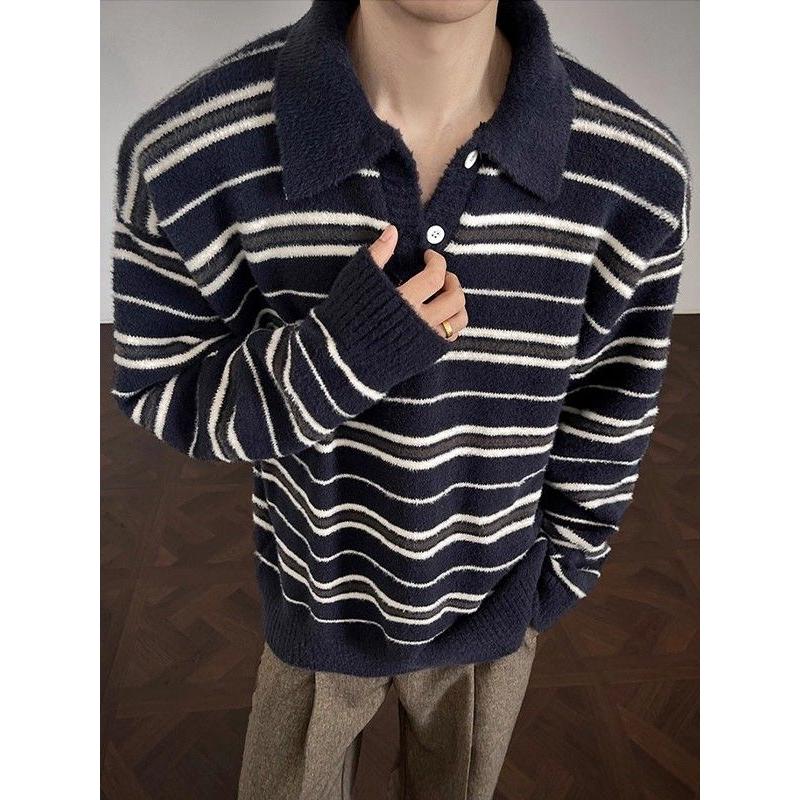 老钱风仿貂毛条纹polo领毛衣男女秋冬高级感痞帅慵懒风针织衫外套