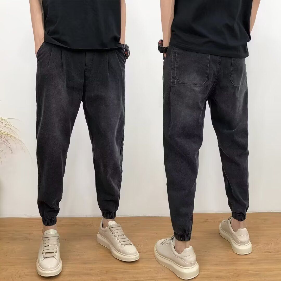 秋冬季牛仔裤男士休闲裤做旧潮流黑色修身束脚痞帅工装裤哈伦裤子