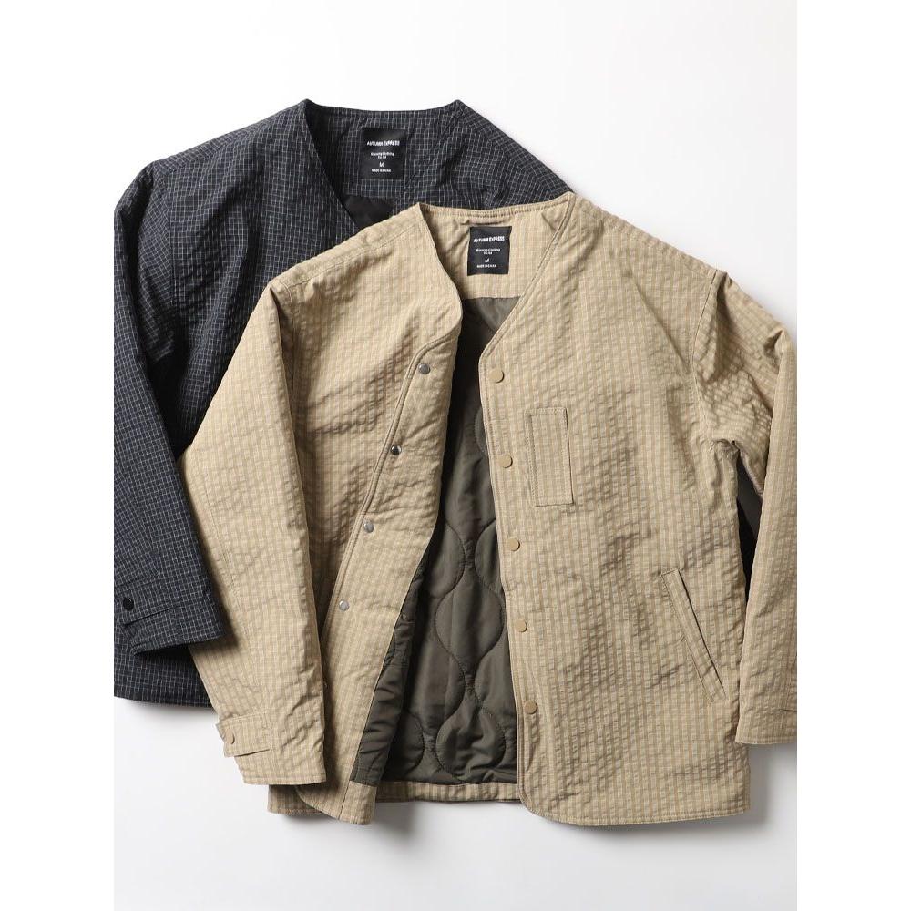 日系帅气男女小格子绗缝夹棉外套夹克保暖叠穿无领棉衣棉服潮