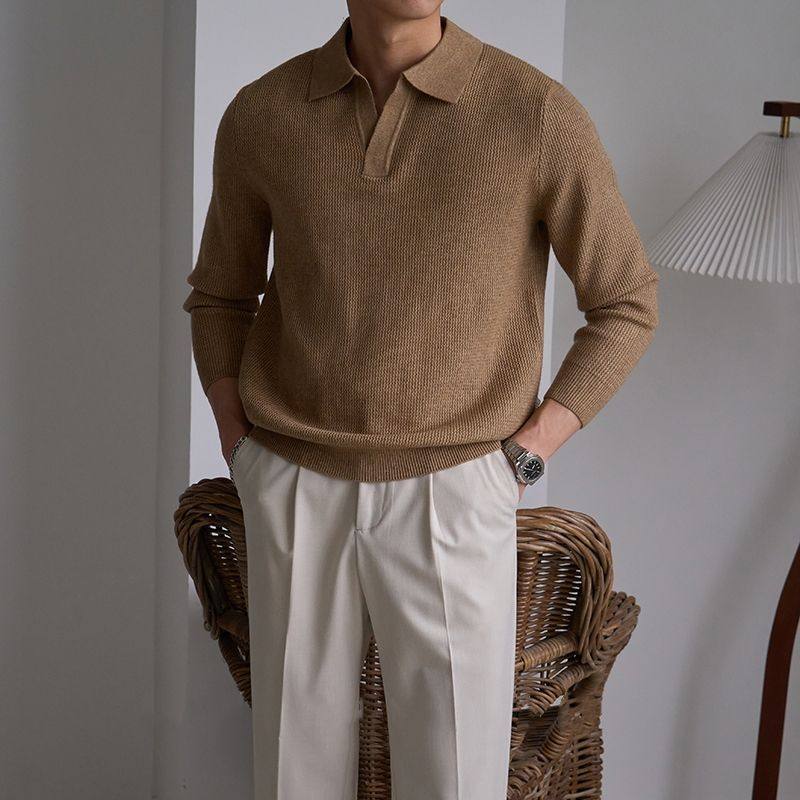 美式重磅V领针织衫套头毛衣秋冬款男士保暖内搭翻领POLO长袖外套