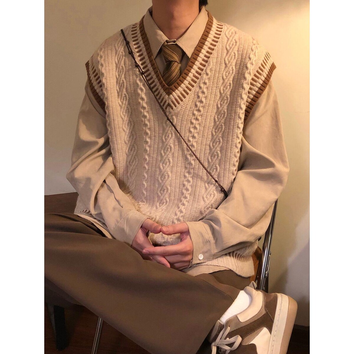 学院风v领针织马甲男春秋款日系复古无袖dk毛衣背心套头坎肩外套