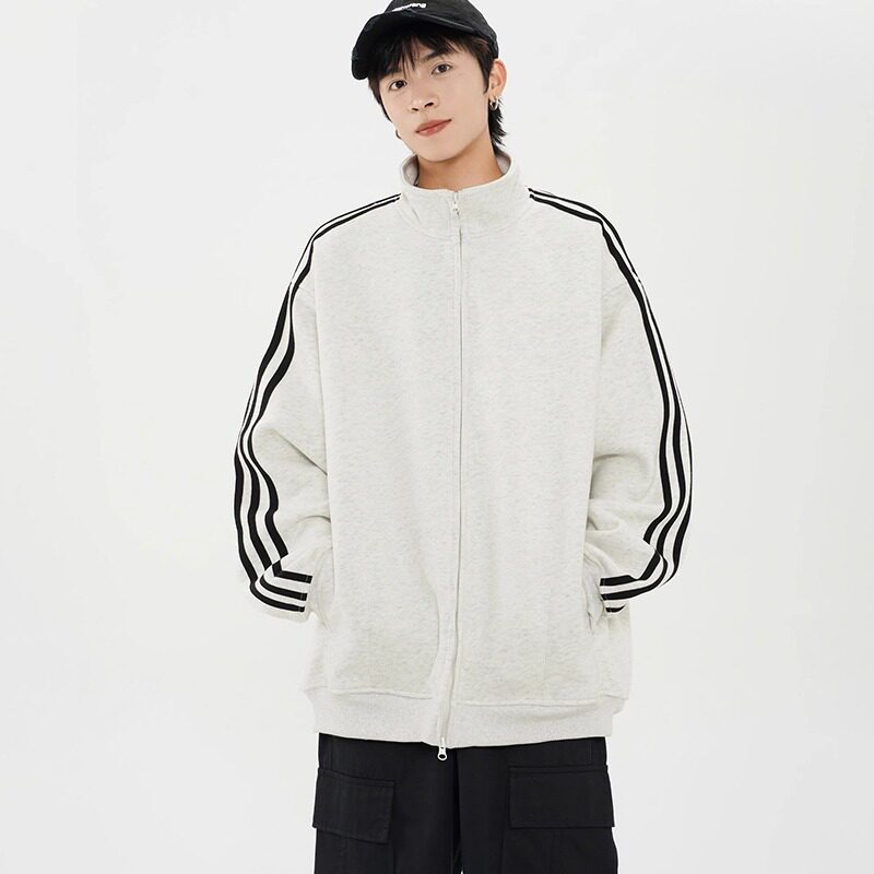 美式复古条纹卫衣外套女早秋新款宽松撞色立领拉链长袖棒球服ins