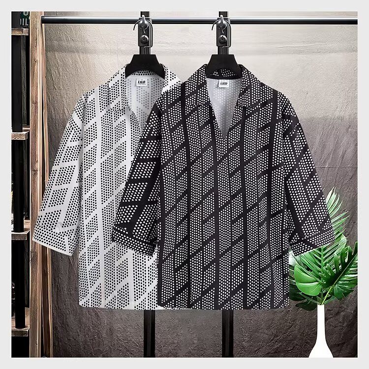 夏季衬衫男短袖印花防嗮修身韩版男士休闲七分袖免烫抗皱衬衣