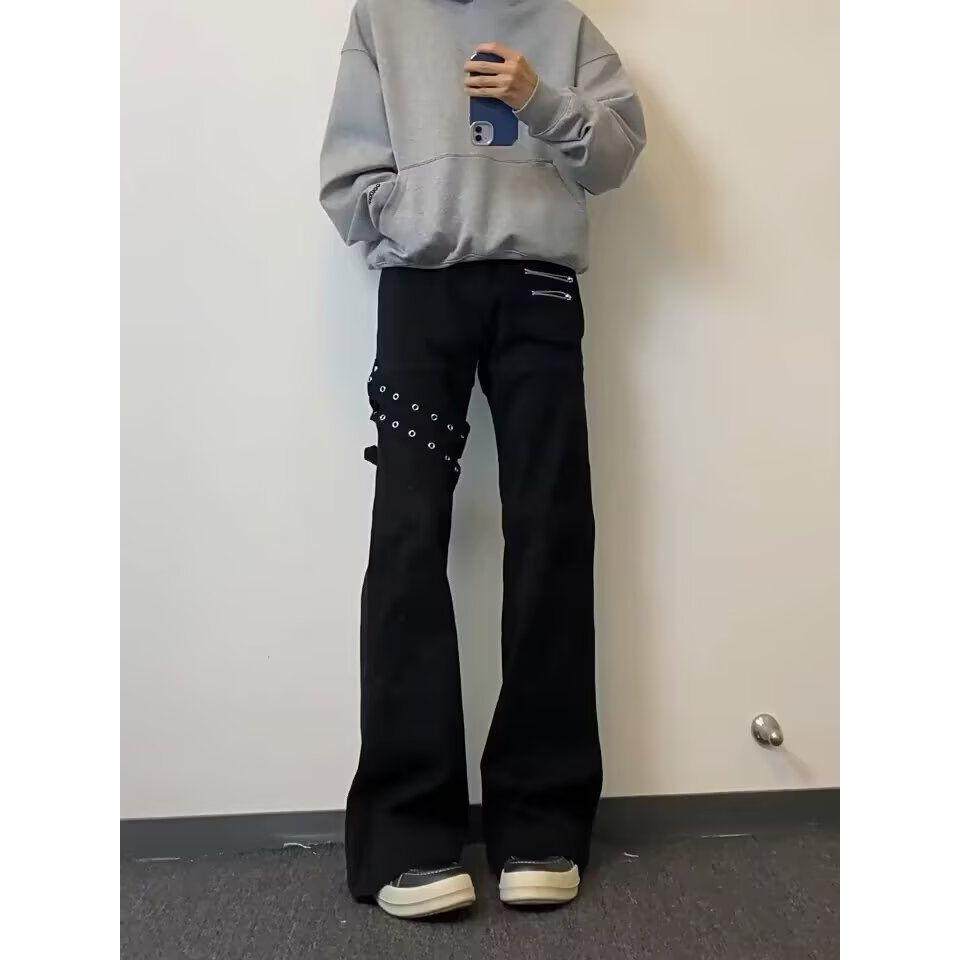 暗黑系高级感黑色满天星织带铆钉设计直筒牛仔裤男垂感拖地长裤