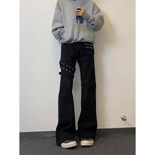 暗黑系高级感黑色满天星织带铆钉设计直筒牛仔裤男垂感拖地长裤