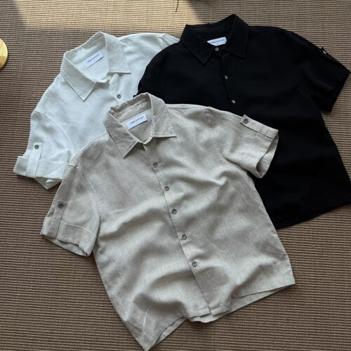 复古宽松亚棉麻短袖衬衫男士简约翻领外搭衬衣透气吸汗波上衣半袖