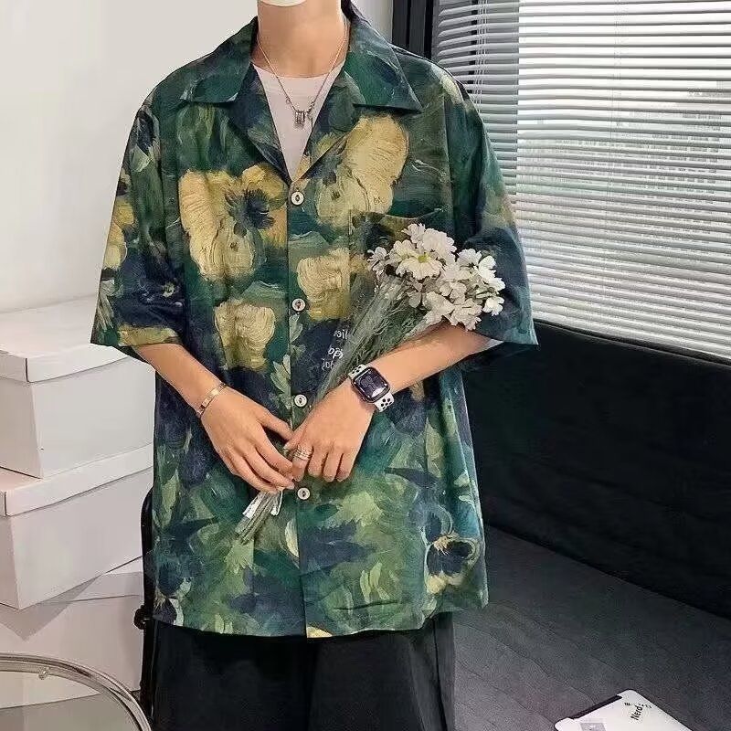 平价高配夏威夷衬衫短袖男夏季日系复古休闲原宿港风满印花五分袖