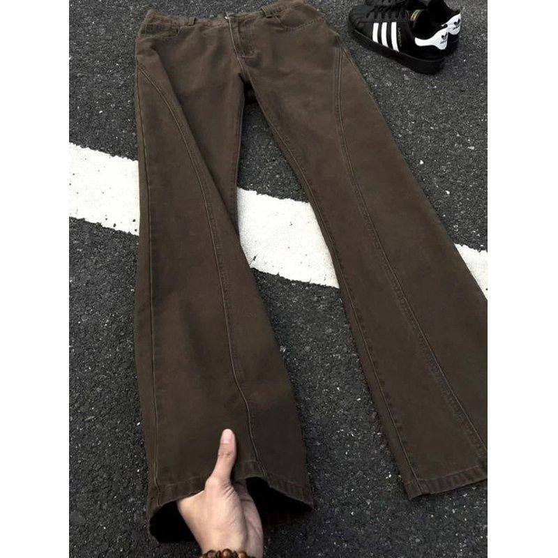 美式复古咖啡色斜切牛仔裤男款美式高街潮牌弯刀裤直筒微喇裤