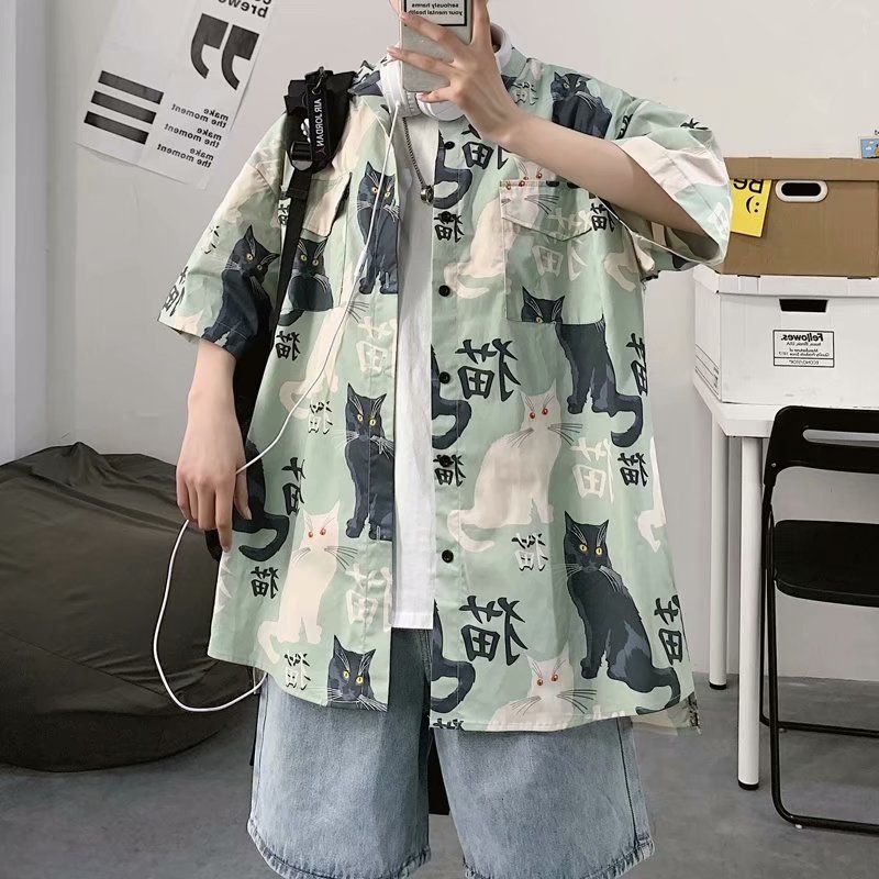 韩式衬衫男潮流短袖高级感港风碎花痞帅网红ins韩版宽松帅气衬衣