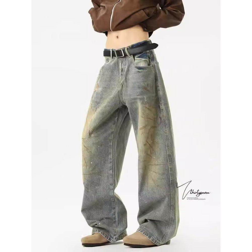 美式复古水洗做旧牛仔裤男女潮牌高街宽松百搭显瘦休闲直筒阔腿裤