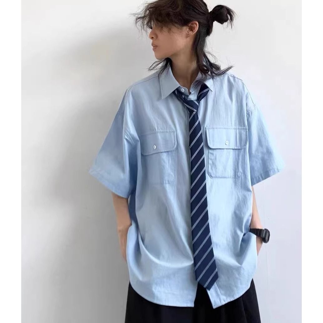 日系复古中性学院风短袖衬衫男女生夏季宽松休闲学生蓝色工装衬衣