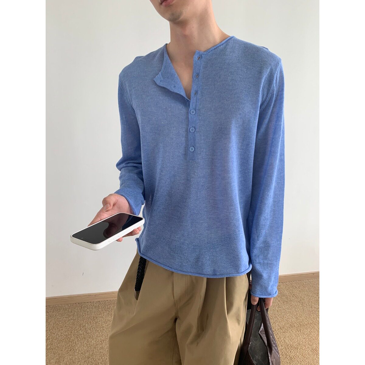 舒适系列轻薄莱赛尔卷边长袖T恤亨利麻防晒上衣男女