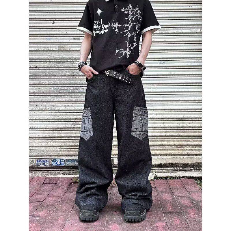 美式复古做旧刺绣黑色牛仔裤男高街vibe宽松直筒阔腿cleanfit长裤