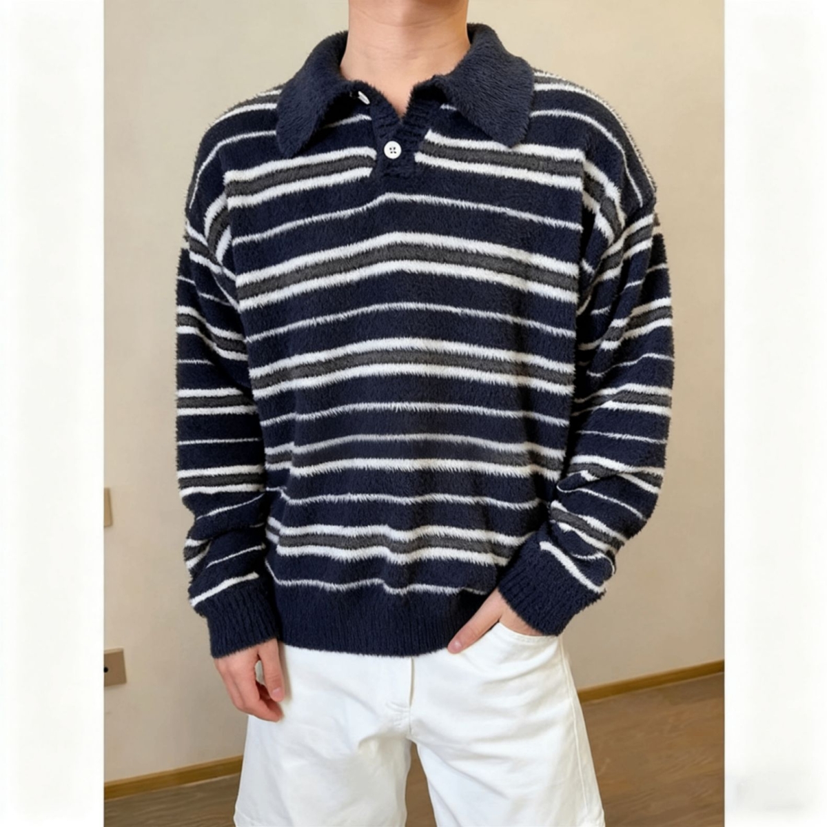 老钱风仿貂毛条纹polo领毛衣男女秋冬高级感痞帅慵懒风针织衫外套