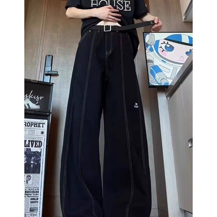 黑色弯刀牛仔裤男款夏季明线斜切裤子美式高街痞帅高级感微喇长裤