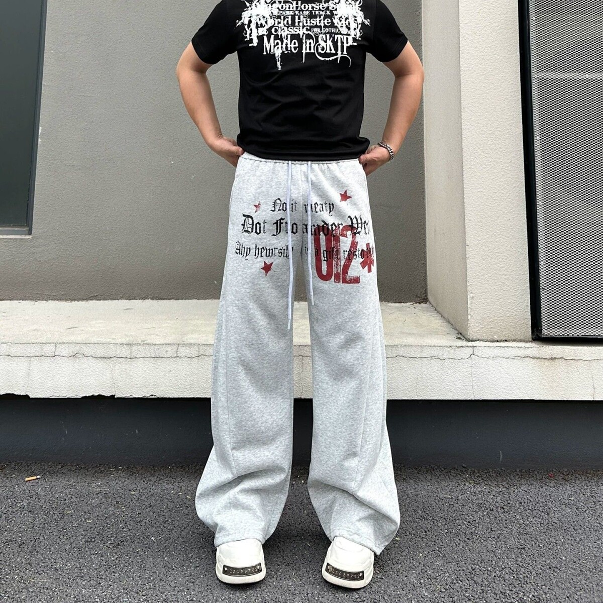 美式街头星星字母印花松紧休闲弯刀裤男女宽松跳舞运动阔腿长裤子