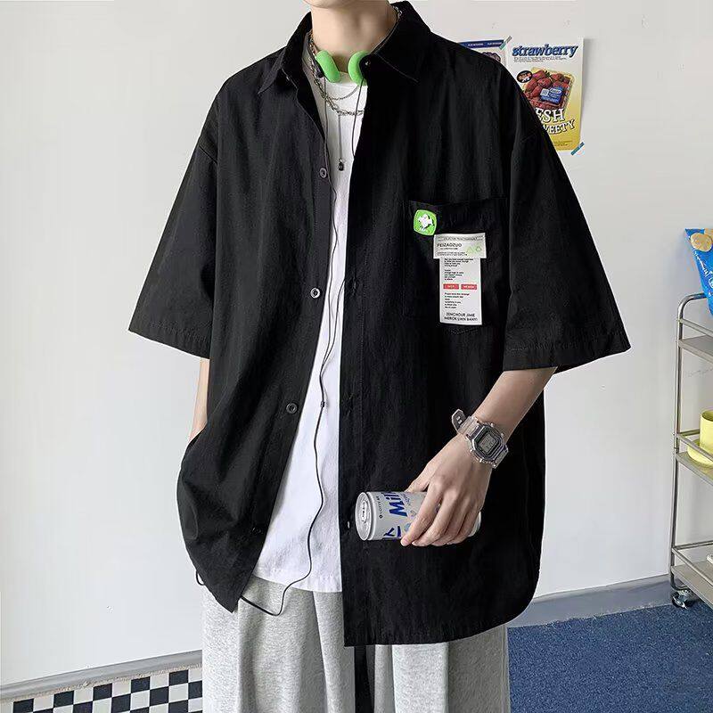 工装衬衫男短袖美式五分袖夏季港风日系高级感衬衣外套小众设计感