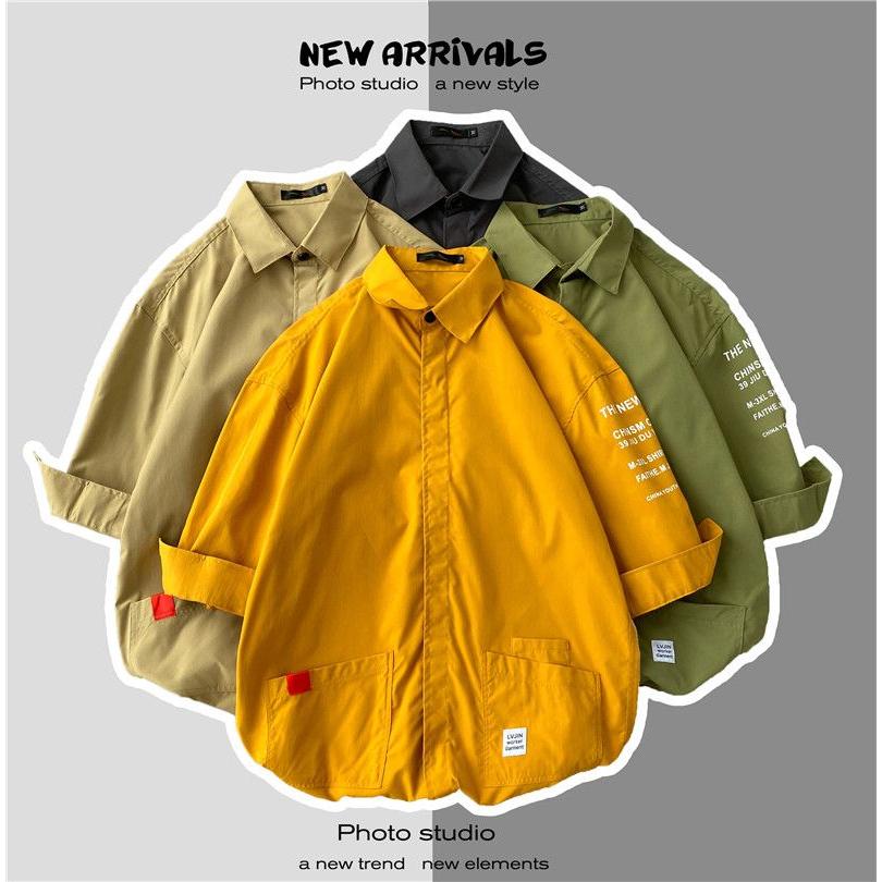 衬衫男韩版潮流潮牌短袖夏季宽松七分袖上衣服日系工装衬衣外套男