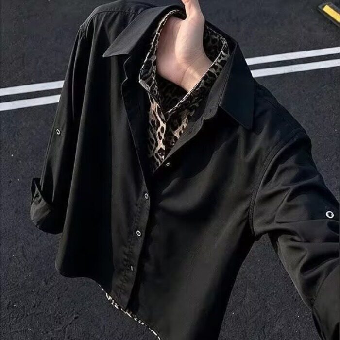 小众高级感花卉印花领假两件休闲衬衫男长袖cleanfit痞帅穿搭上衣