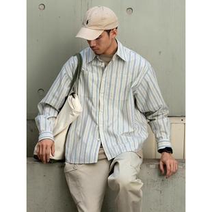 蓝色polo领条纹衬衫外搭春秋薄款设计感小众中长款长袖衬衣女上衣