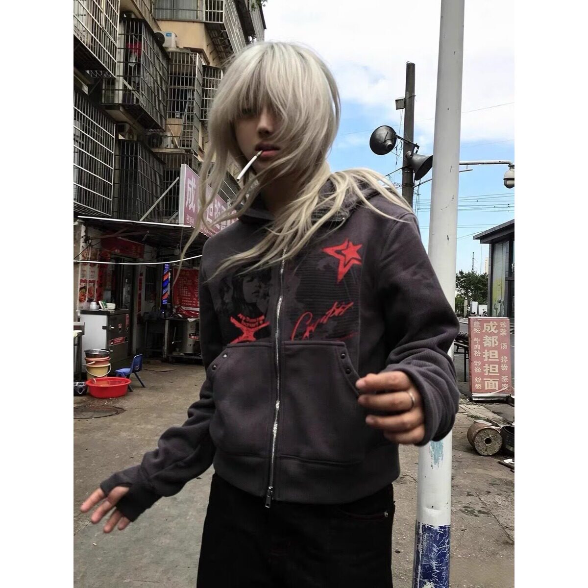 男女美式趣味卡通灰色连帽卫衣衫开衫秋季宽松慵懒风夹克外套高街