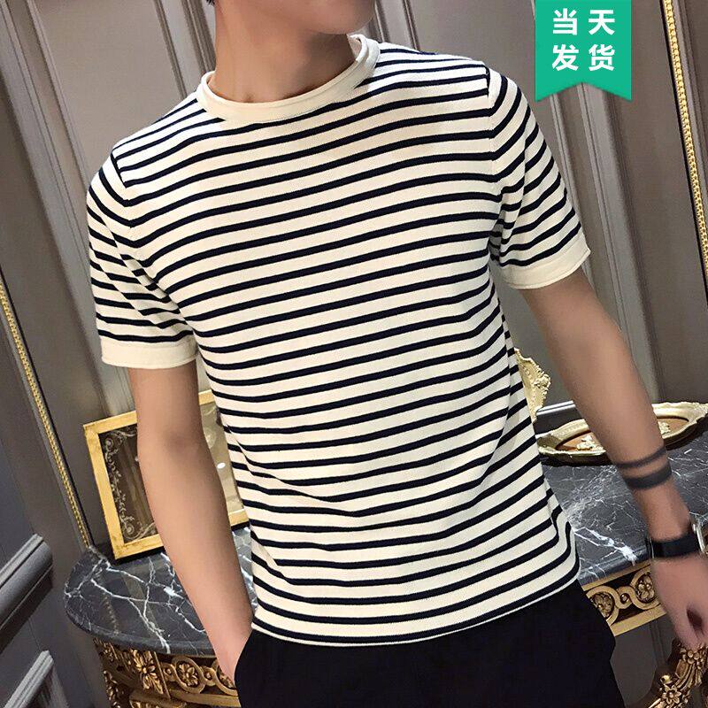 夏季冰丝短袖t恤修身情侣款条纹圆领海军风男女简约T恤男装半袖