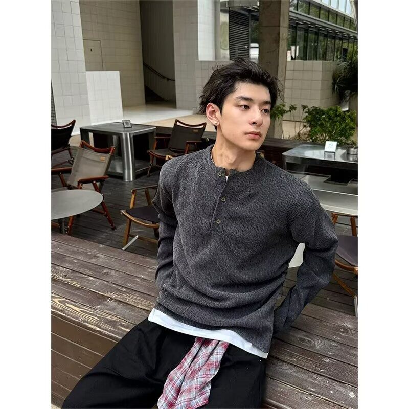 深灰色亨利领长袖t恤男秋季抽绳美式复古正肩polo卫衣内搭打底衫
