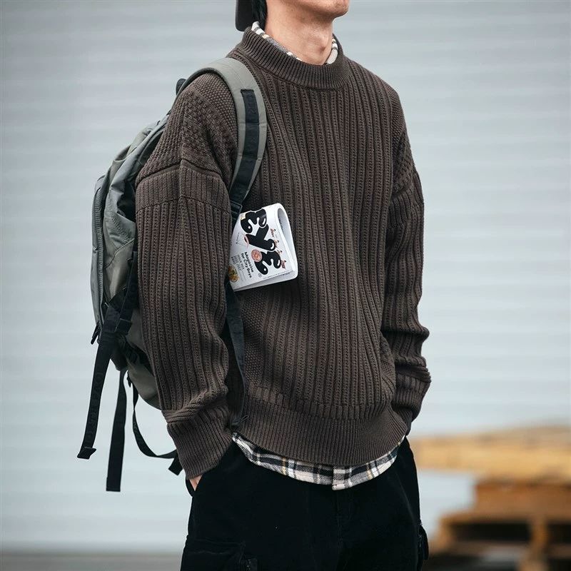 800g重磅e加厚日系复古毛衣男冬季宽松蓬松感圆领针织衫休闲外套
