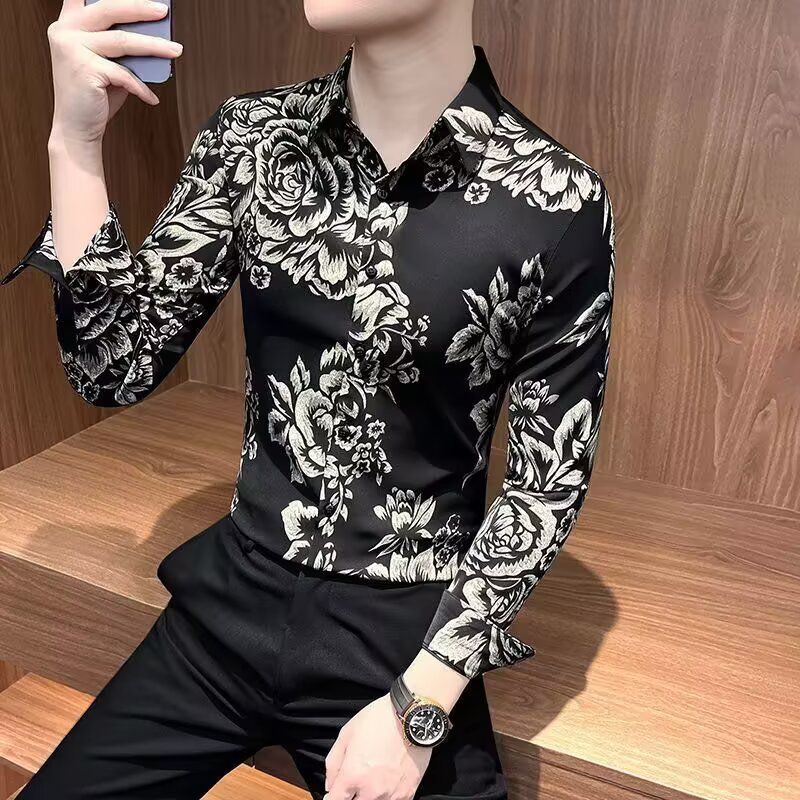 复古港风男女长袖印花衬衫潮流慵懒风冰丝凉感免烫宽松青少年衬衣