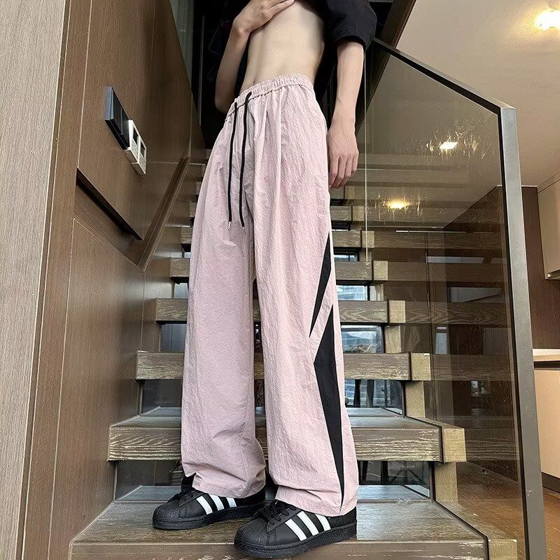 粉色撞色拼接拖地阔腿裤男春秋cleanfit高街美式大码高个子加长裤