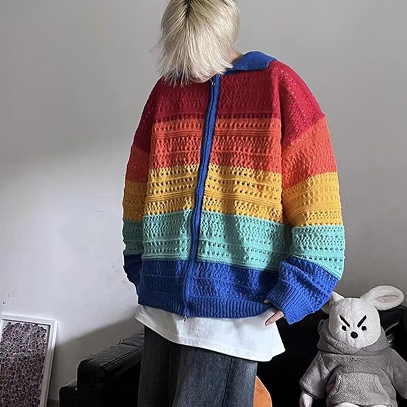 新款彩色针织拉链开衫男女高级感vintage多巴胺镂空毛衣外套上衣