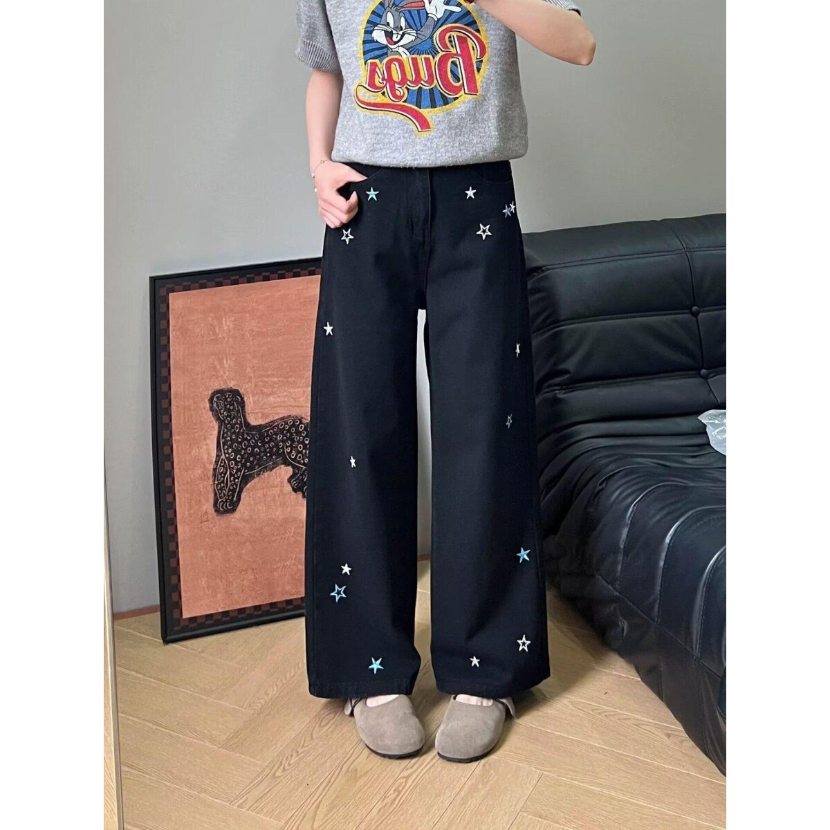 特大码女装胖mm黑色星星刺绣阔腿牛仔裤女高腰显瘦设计感直筒裤子