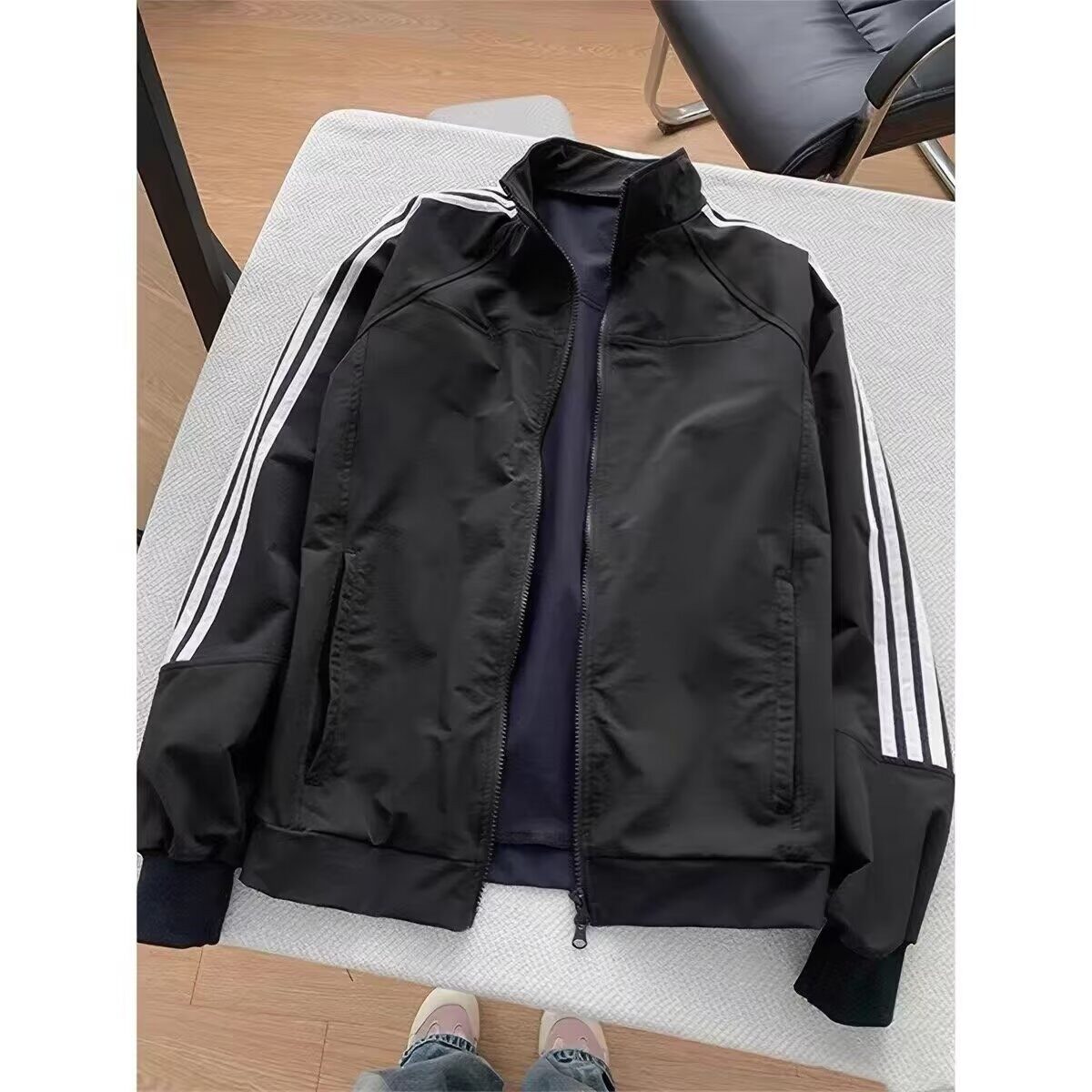 藏蓝色三条杠正肩外套男女春秋cleanfit潮牌棒球服美式薄款夹克图片