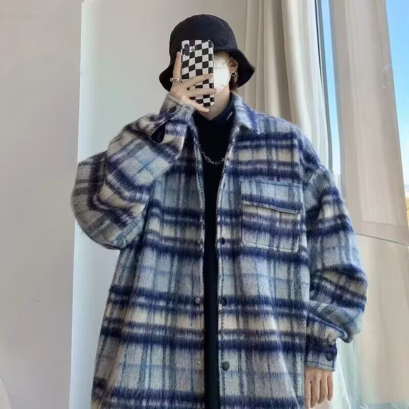 秋冬毛呢衬衣长袖宽松休闲慵懒风叠穿磨毛加厚格子衬衫新款日系