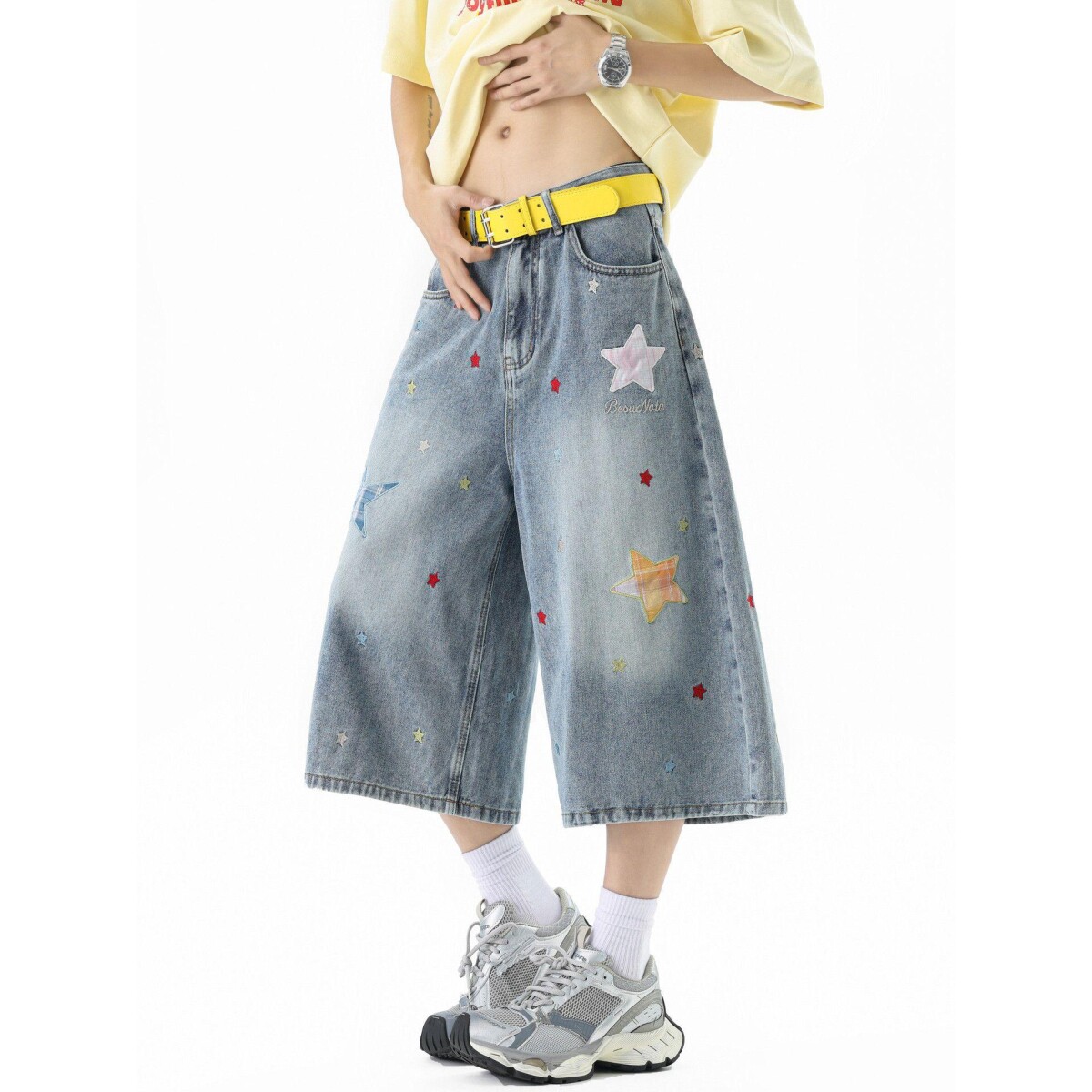 美式星星布贴印花牛仔七分裤男女夏季宽松显瘦直筒短裤休闲宽裤
