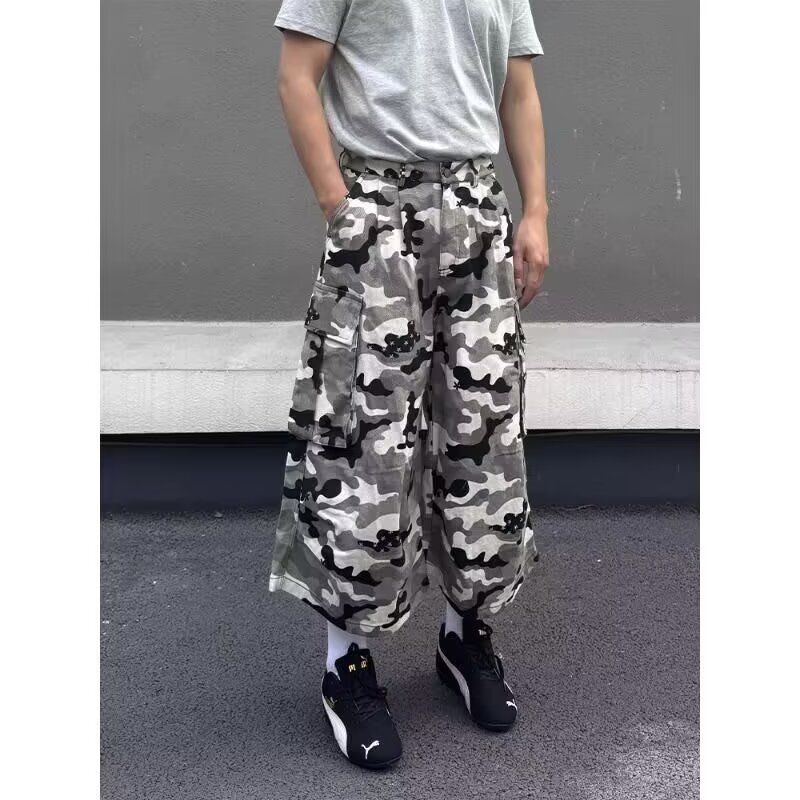 美式复古迷彩牛仔七分裤女夏季新款街头嘻哈多口袋宽松工装中裤子