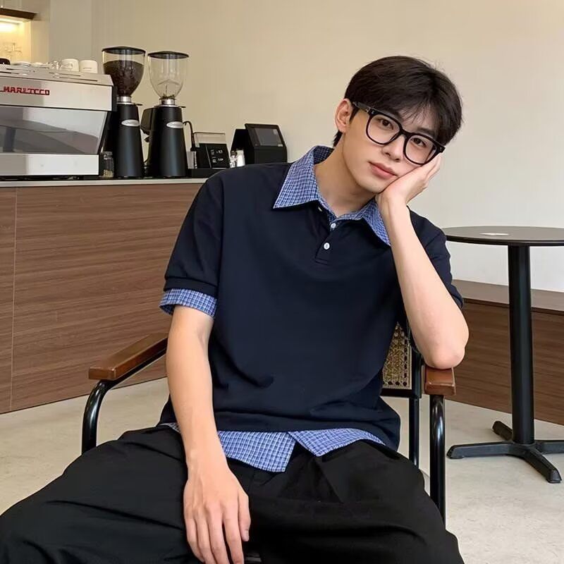 美式高级感假两件格子拼接polo领短袖T恤男款夏季学院风翻领半袖