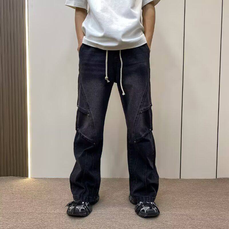 黑色水洗高街牛仔裤男款春秋新款设计感松紧腰美高街直筒男生裤子