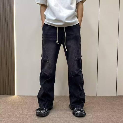 黑色水洗高街牛仔裤男款春秋新款设计感松紧腰美高街直筒男生裤子