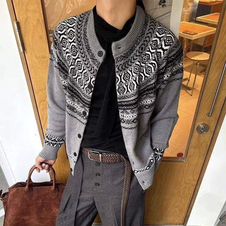 灰色美式费尔岛提花针织衬衫男女秋冬外套慵懒松弛感穿搭毛衣开衫