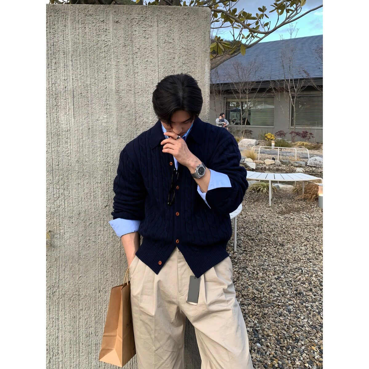 老钱风翻领针织开衫男装春秋韩系cleanfit高端毛衣深蓝色毛衫外套