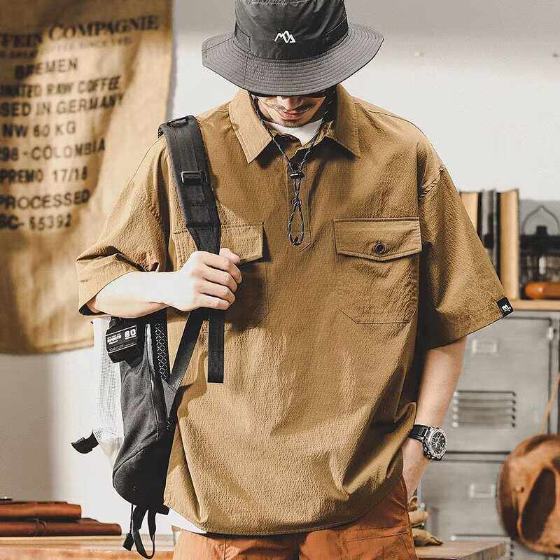 翻领高端套头衬衫男polo衫夏季冰丝纯色日系潮牌痞帅宽松短袖t恤