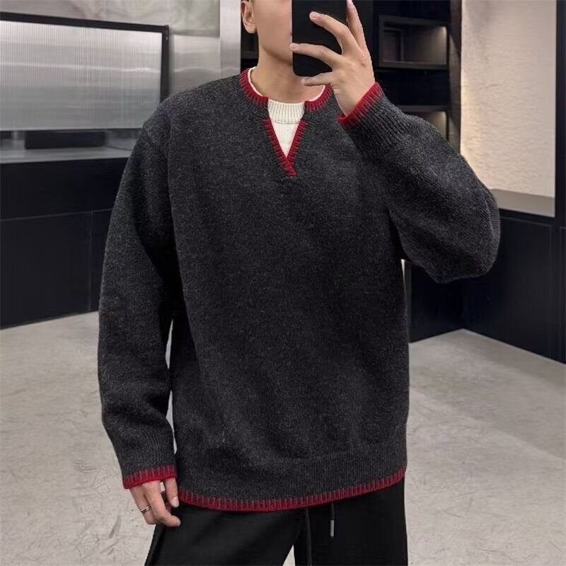 老钱风假两件混纺拼色V领毛衣男冬季撞色边针织衫保暖潮流上衣潮