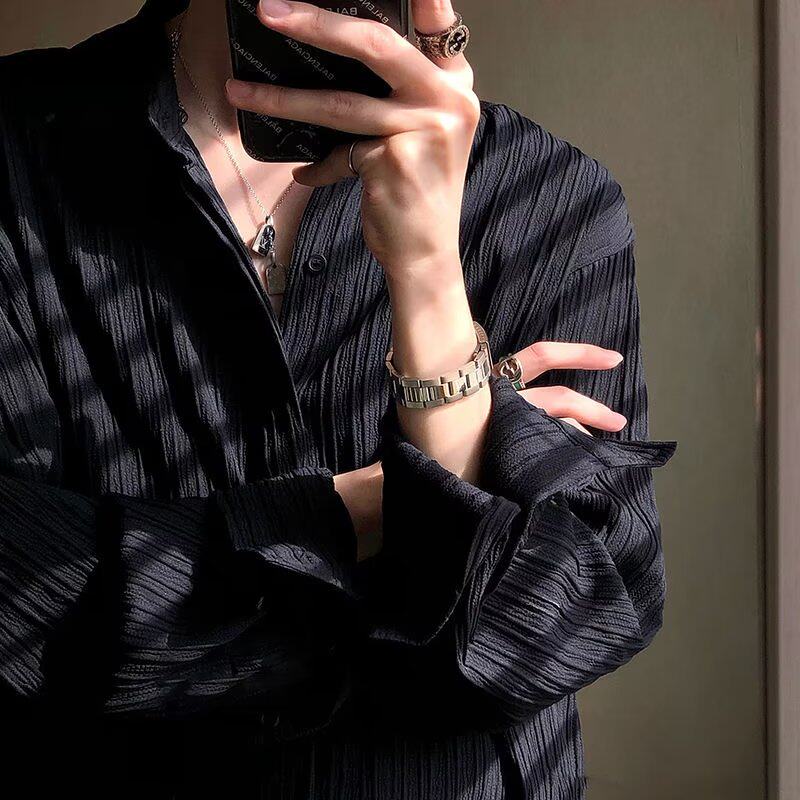 潮牌黑色褶皱纹理感衬衫男高级感长袖衬衣春夏秋季休闲打底衫外套