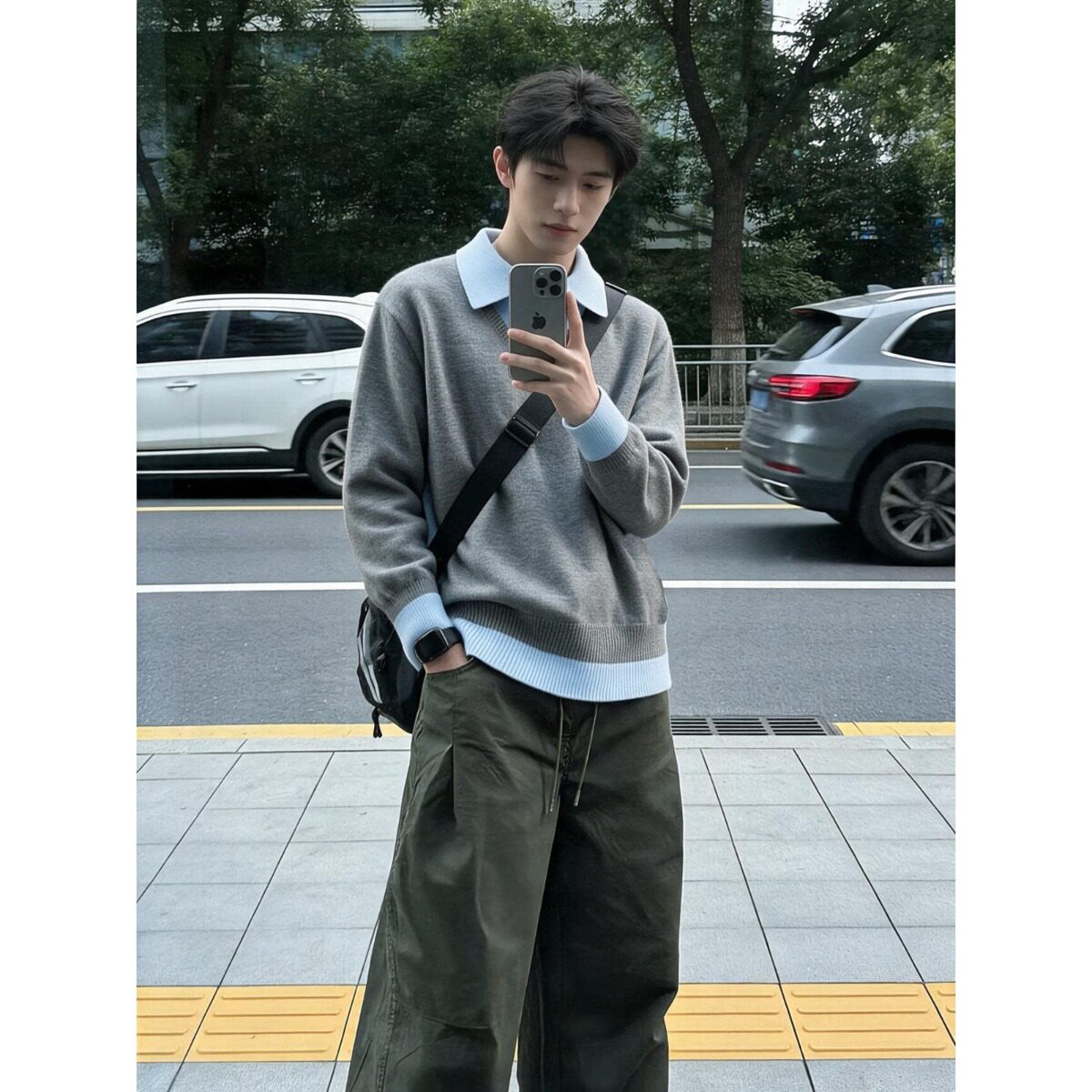 灰色假两件毛衣男生毛衣翻领秋季内搭高级感慵懒针织衫上衣男新款