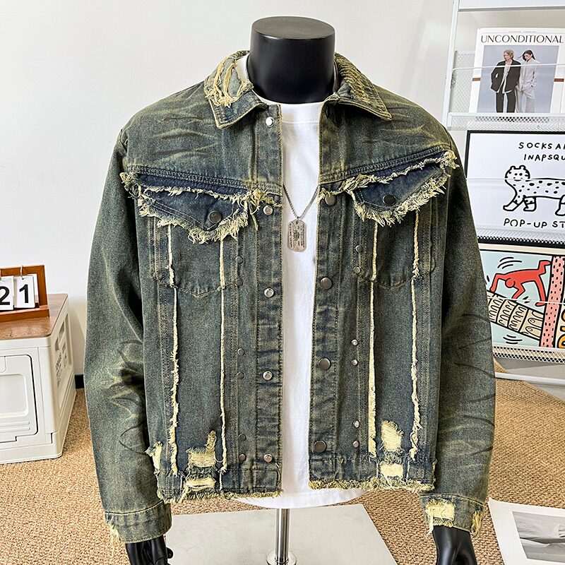 美式短装高街牛仔外套潮牌vintage流苏夹克男复古垫肩宽松上衣服